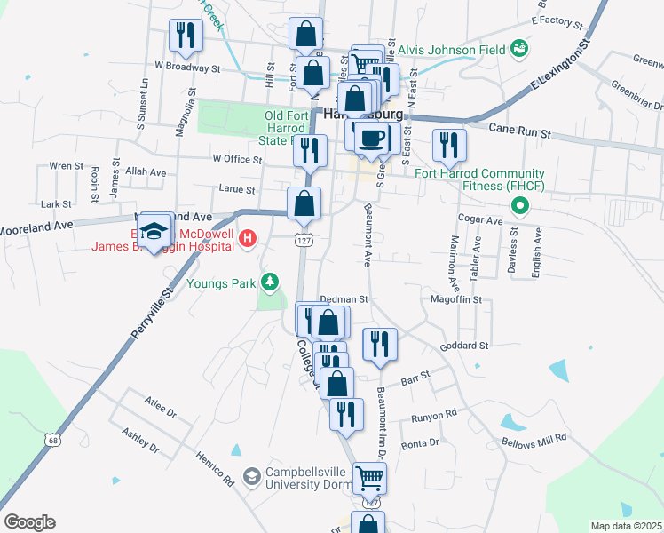 map of restaurants, bars, coffee shops, grocery stores, and more near 459-30 Sycamore Court in Harrodsburg