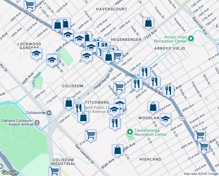 map of restaurants, bars, coffee shops, grocery stores, and more near 7517 Rudsdale Street in Oakland