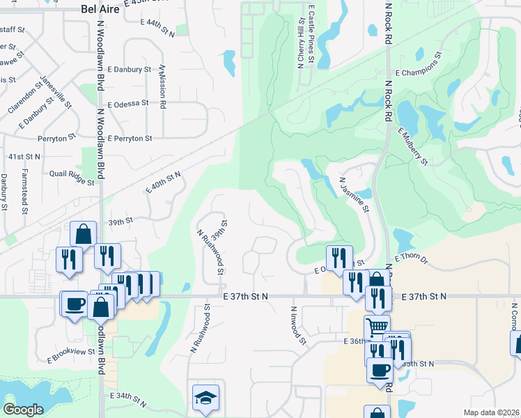 map of restaurants, bars, coffee shops, grocery stores, and more near 7310 East Cedaridge Court in Wichita
