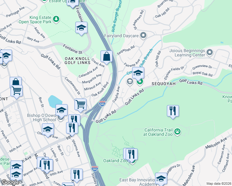 map of restaurants, bars, coffee shops, grocery stores, and more near 3655 Calafia Avenue in Oakland