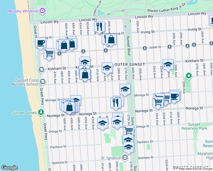 map of restaurants, bars, coffee shops, grocery stores, and more near 1622 40th Avenue in San Francisco