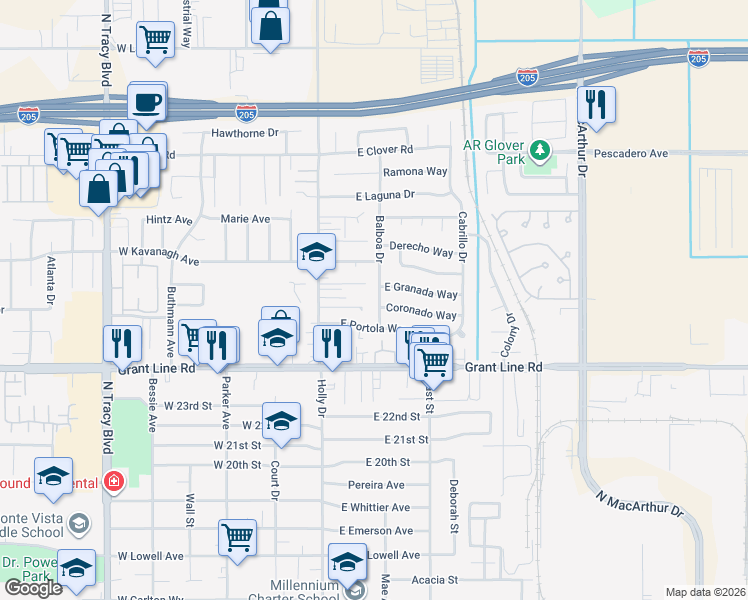 map of restaurants, bars, coffee shops, grocery stores, and more near 2633 Balboa Drive in Tracy