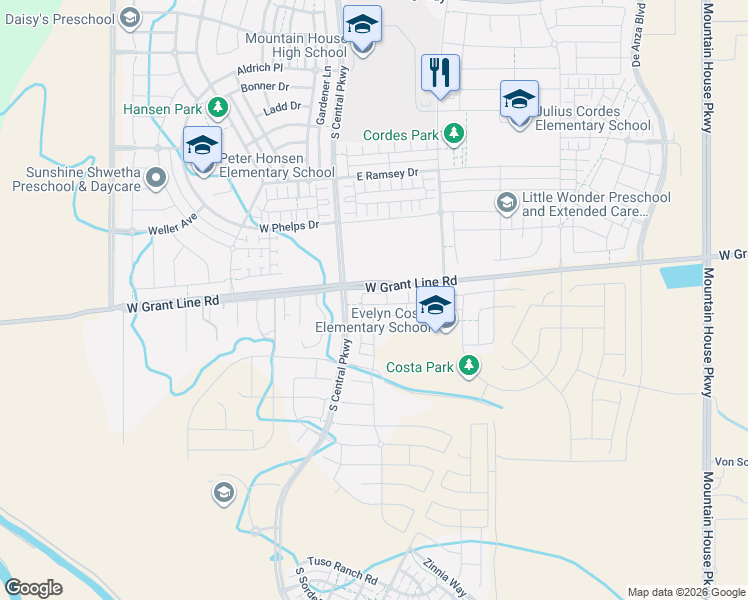 map of restaurants, bars, coffee shops, grocery stores, and more near 103 Vince Street in Tracy