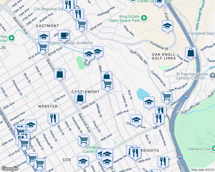 map of restaurants, bars, coffee shops, grocery stores, and more near 8888 MacArthur Blvd in Oakland