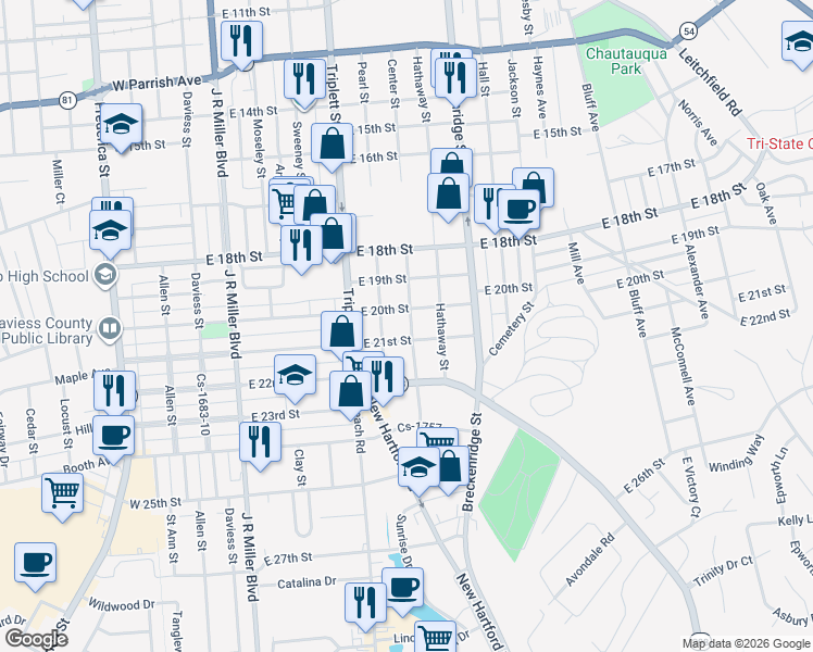 map of restaurants, bars, coffee shops, grocery stores, and more near 2018 Center Street in Owensboro