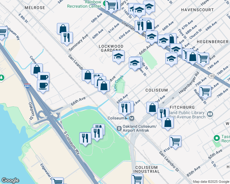 map of restaurants, bars, coffee shops, grocery stores, and more near 6755 Leona Creek Drive in Oakland