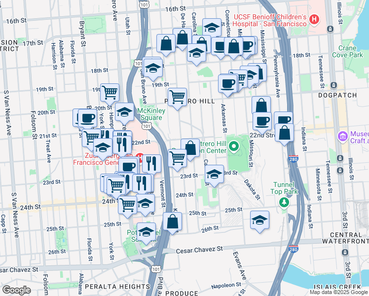 map of restaurants, bars, coffee shops, grocery stores, and more near 1013 Rhode Island Street in San Francisco