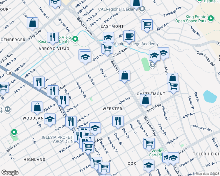 map of restaurants, bars, coffee shops, grocery stores, and more near 1968 85th Avenue in Oakland