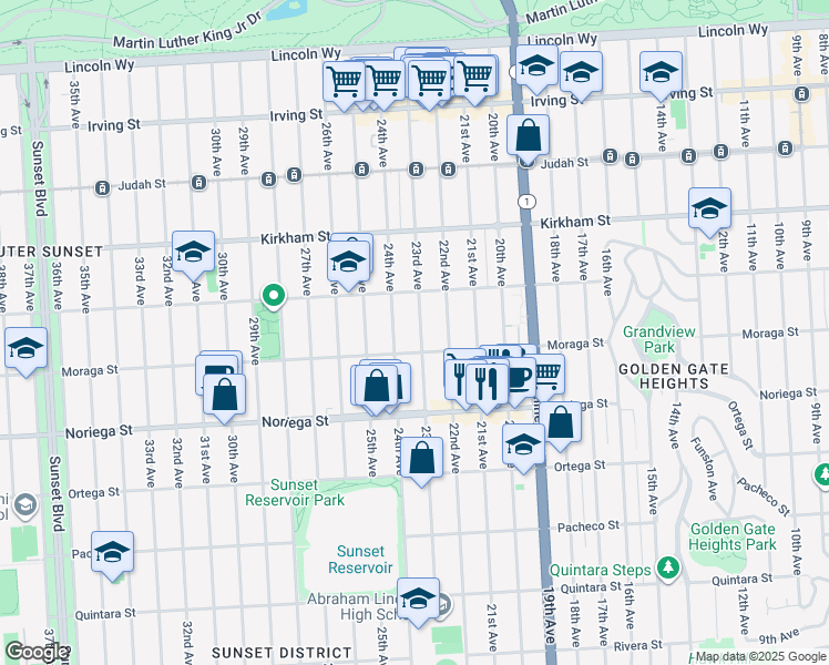 map of restaurants, bars, coffee shops, grocery stores, and more near 1667 23rd Avenue in San Francisco