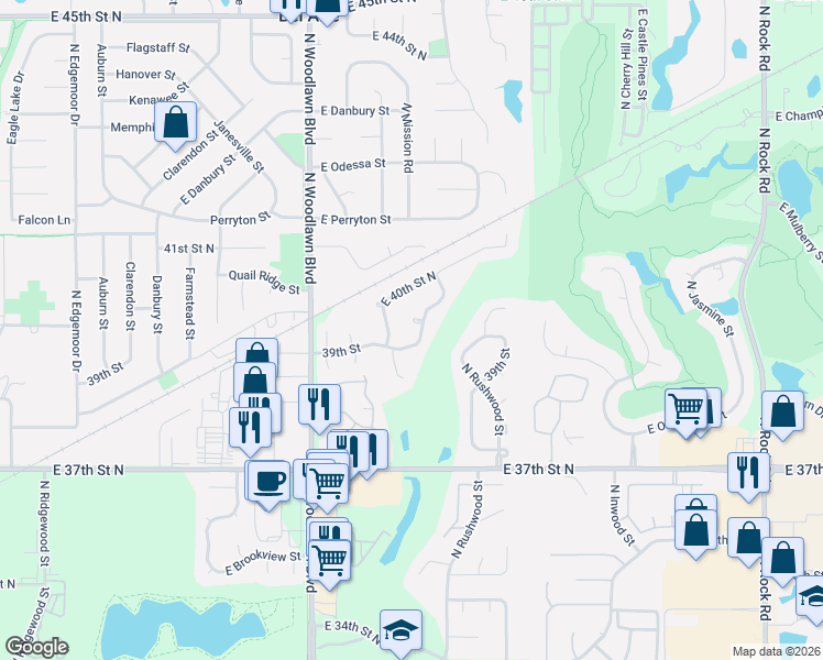 map of restaurants, bars, coffee shops, grocery stores, and more near 4011 North Cranberry Street in Wichita