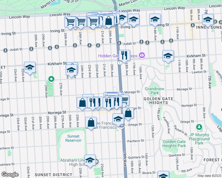 map of restaurants, bars, coffee shops, grocery stores, and more near 1675 20th Avenue in San Francisco