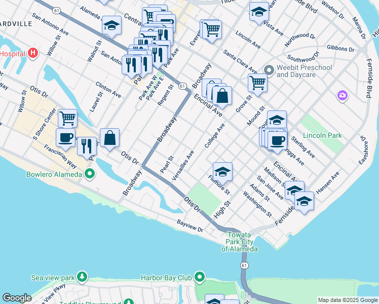 map of restaurants, bars, coffee shops, grocery stores, and more near 2722 Washington Street in Alameda
