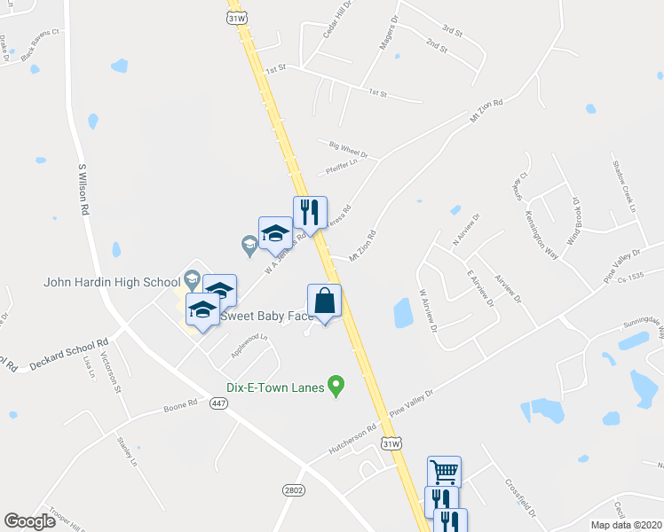 map of restaurants, bars, coffee shops, grocery stores, and more near 4866 Dixie Highway South in Elizabethtown