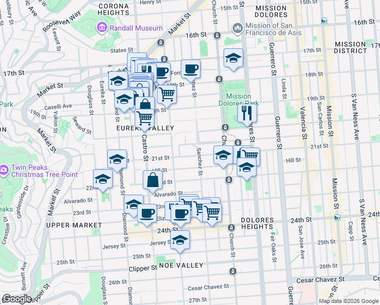 map of restaurants, bars, coffee shops, grocery stores, and more near 494 Liberty Street in San Francisco