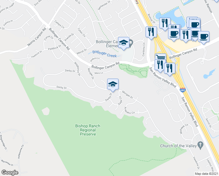 map of restaurants, bars, coffee shops, grocery stores, and more near 2942 Morgan Drive in San Ramon