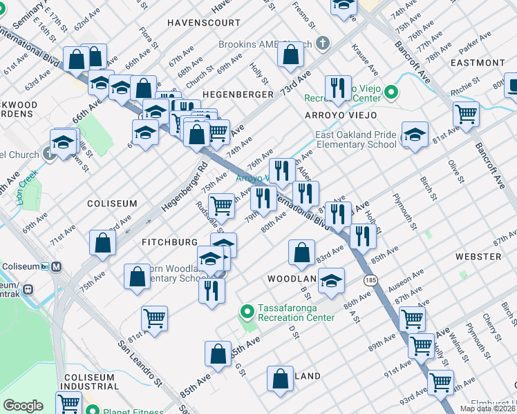 map of restaurants, bars, coffee shops, grocery stores, and more near 1321 79th Avenue in Oakland