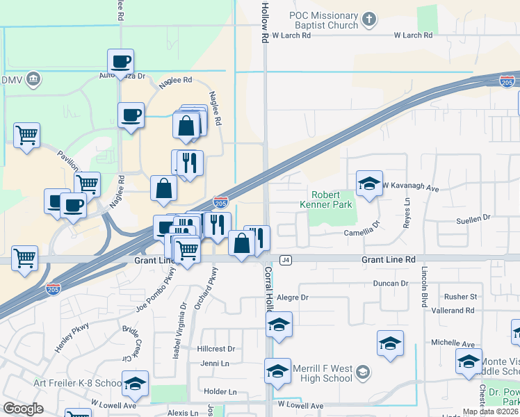 map of restaurants, bars, coffee shops, grocery stores, and more near 2805 Corral Hollow Road in Tracy