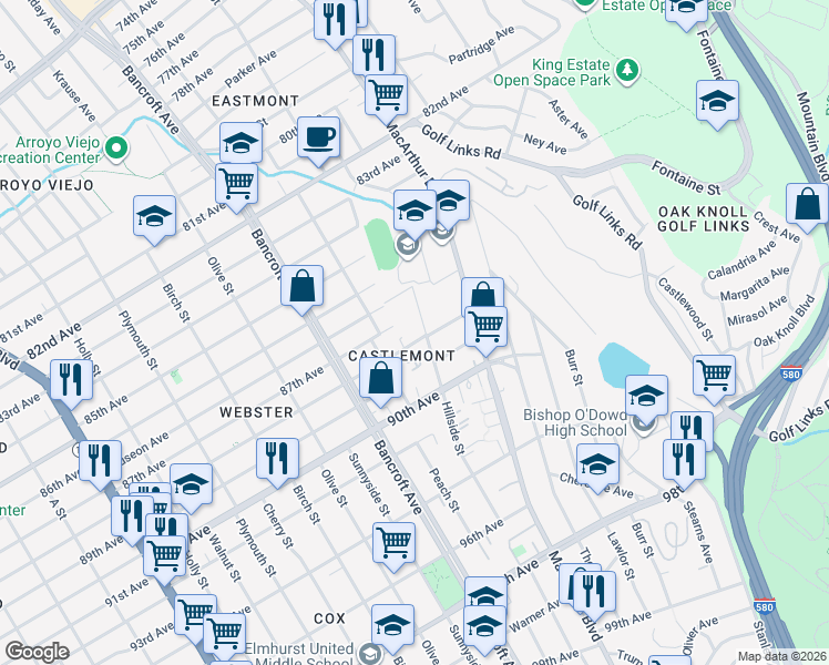 map of restaurants, bars, coffee shops, grocery stores, and more near 8737 Hillside Street in Oakland
