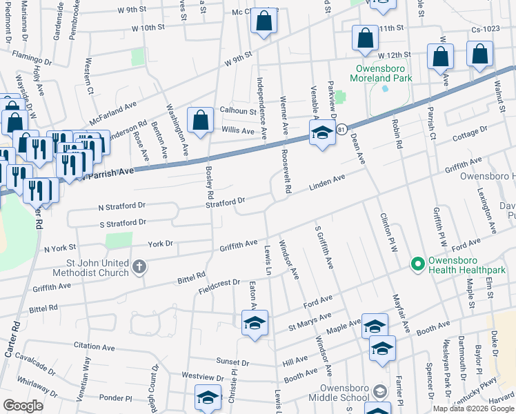 map of restaurants, bars, coffee shops, grocery stores, and more near 1801 Bonnie Castle Dr in Owensboro