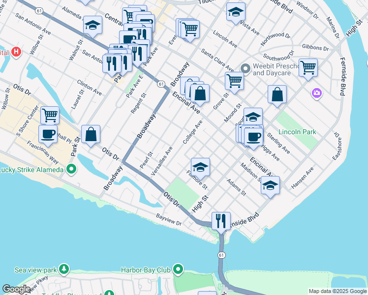 map of restaurants, bars, coffee shops, grocery stores, and more near 1118 College Avenue in Alameda