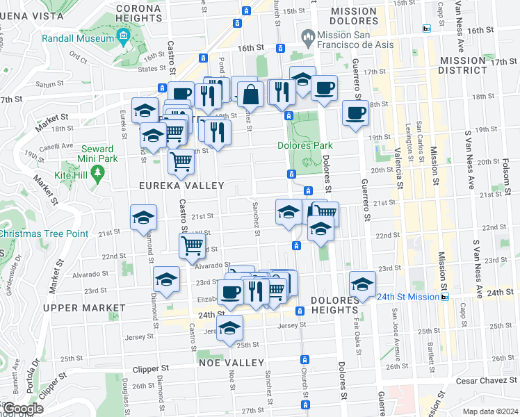 map of restaurants, bars, coffee shops, grocery stores, and more near 3690 21st Street in San Francisco