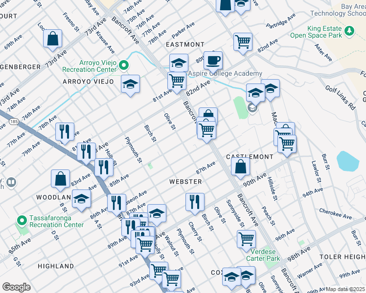 map of restaurants, bars, coffee shops, grocery stores, and more near 1974 85th Avenue in Oakland