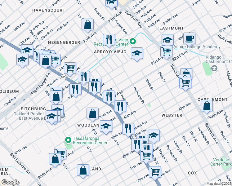 map of restaurants, bars, coffee shops, grocery stores, and more near 1479 82nd Avenue in Oakland