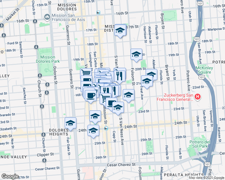 map of restaurants, bars, coffee shops, grocery stores, and more near 635a Capp Street in San Francisco