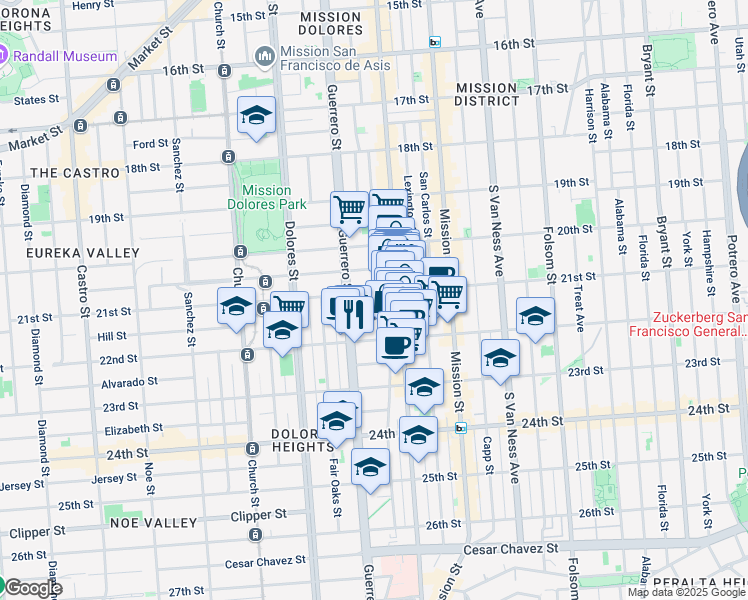map of restaurants, bars, coffee shops, grocery stores, and more near 3361 21st Street in San Francisco