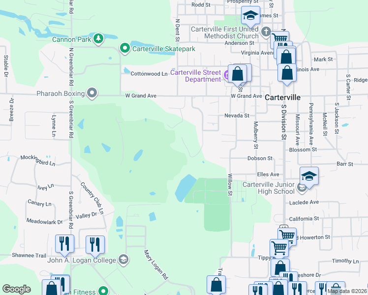 map of restaurants, bars, coffee shops, grocery stores, and more near 1154-1398 Oakwood Drive in Carterville