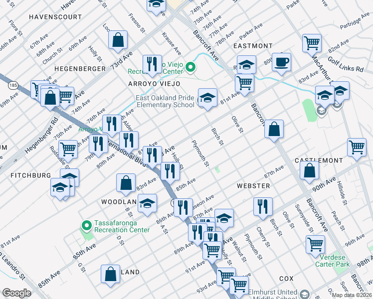 map of restaurants, bars, coffee shops, grocery stores, and more near 1621 83rd Avenue in Oakland