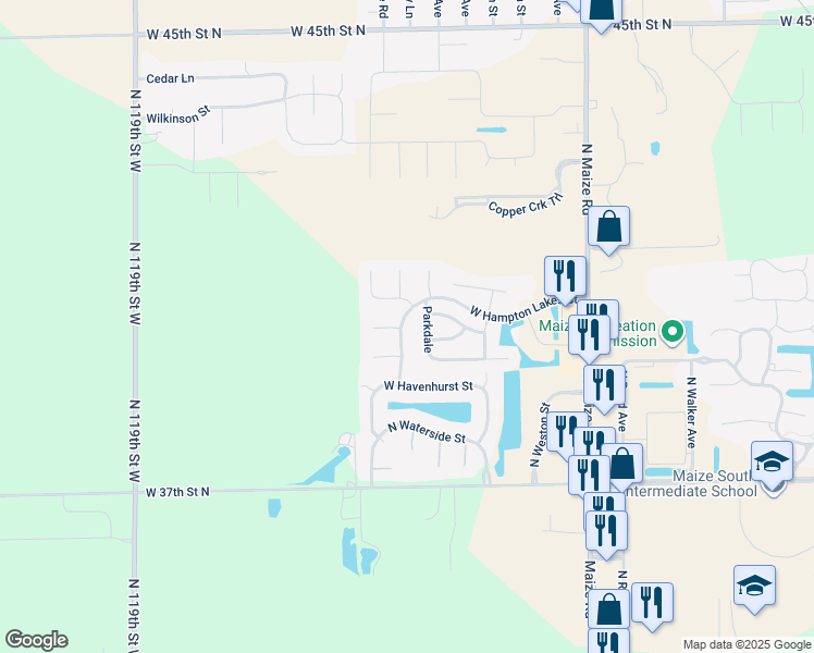 map of restaurants, bars, coffee shops, grocery stores, and more near 4070 Westbrook in Maize