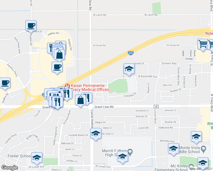 map of restaurants, bars, coffee shops, grocery stores, and more near 1850 West Kavanagh Avenue in Tracy