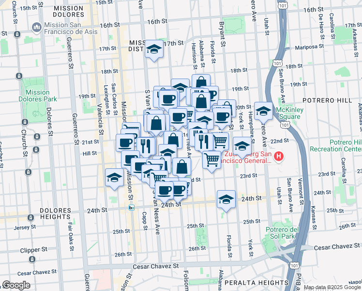 map of restaurants, bars, coffee shops, grocery stores, and more near in San Francisco