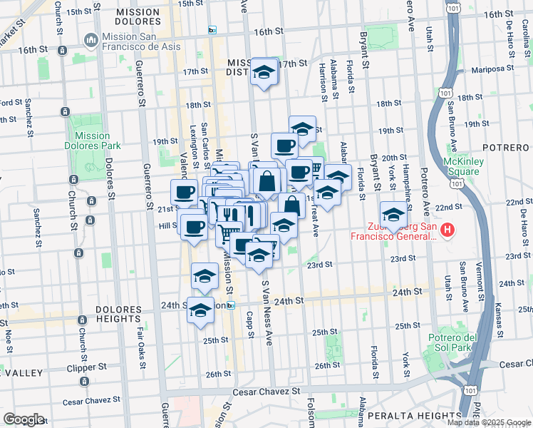 map of restaurants, bars, coffee shops, grocery stores, and more near in San Francisco