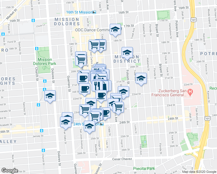 map of restaurants, bars, coffee shops, grocery stores, and more near 628 Capp Street in San Francisco