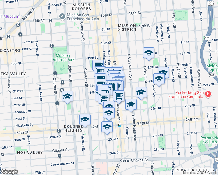 map of restaurants, bars, coffee shops, grocery stores, and more near 33 Bartlett Street in San Francisco