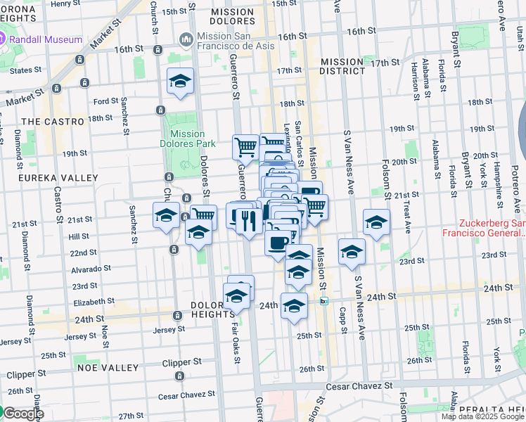 map of restaurants, bars, coffee shops, grocery stores, and more near 3361 21st Street in San Francisco