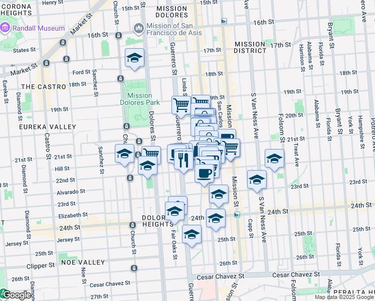 map of restaurants, bars, coffee shops, grocery stores, and more near 3361 21st Street in San Francisco