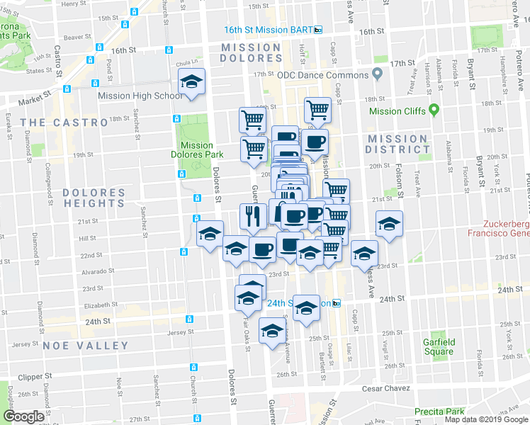 map of restaurants, bars, coffee shops, grocery stores, and more near 3361 21st Street in San Francisco