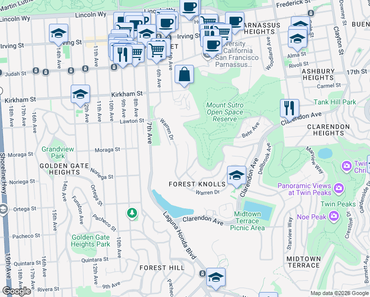 map of restaurants, bars, coffee shops, grocery stores, and more near 223 Crestmont Drive in San Francisco