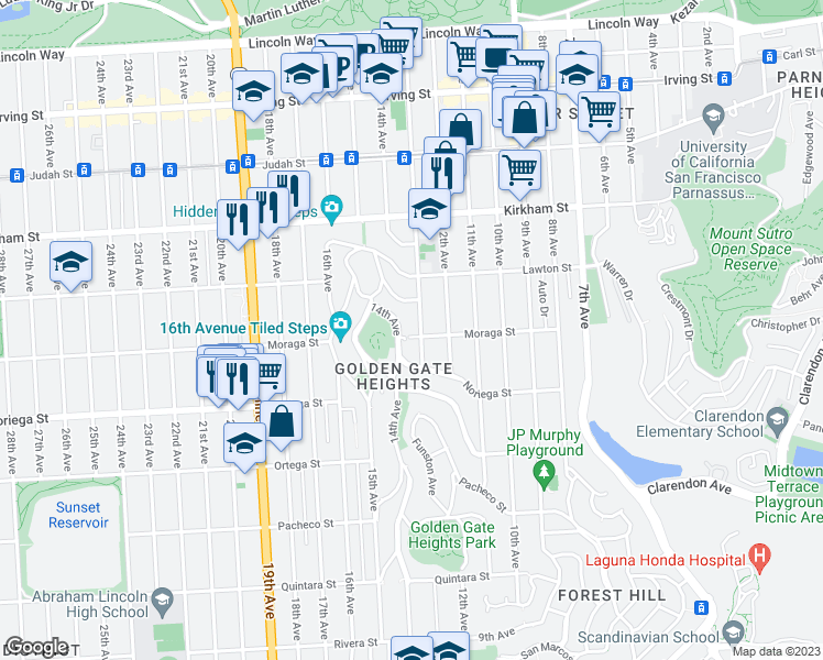 map of restaurants, bars, coffee shops, grocery stores, and more near 720 Moraga Street in San Francisco