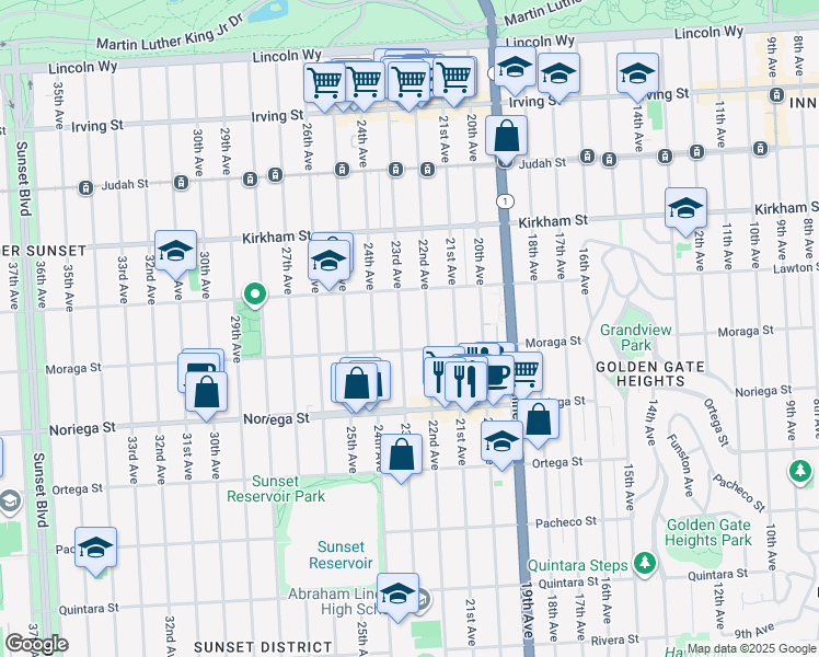 map of restaurants, bars, coffee shops, grocery stores, and more near 1667 23rd Avenue in San Francisco