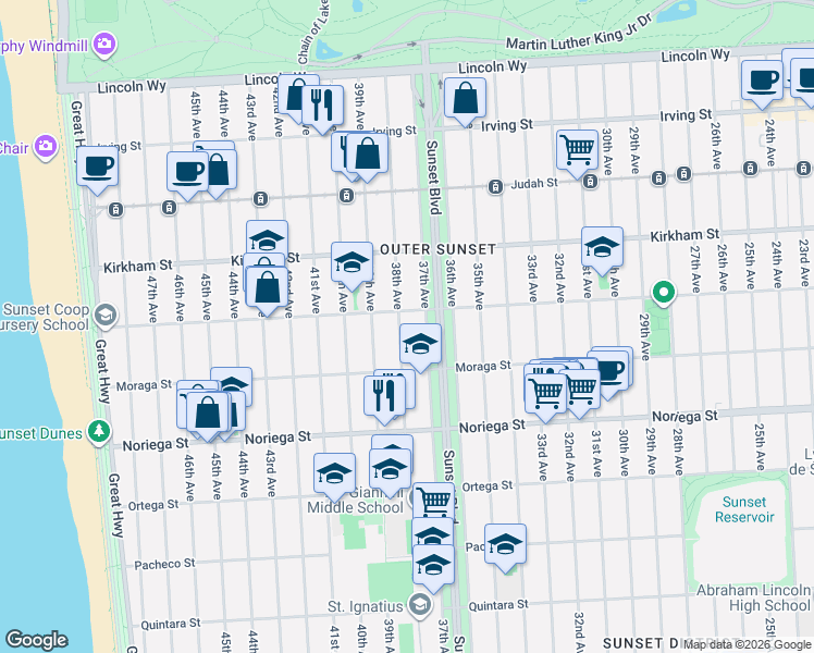 map of restaurants, bars, coffee shops, grocery stores, and more near 1627 38th Avenue in San Francisco