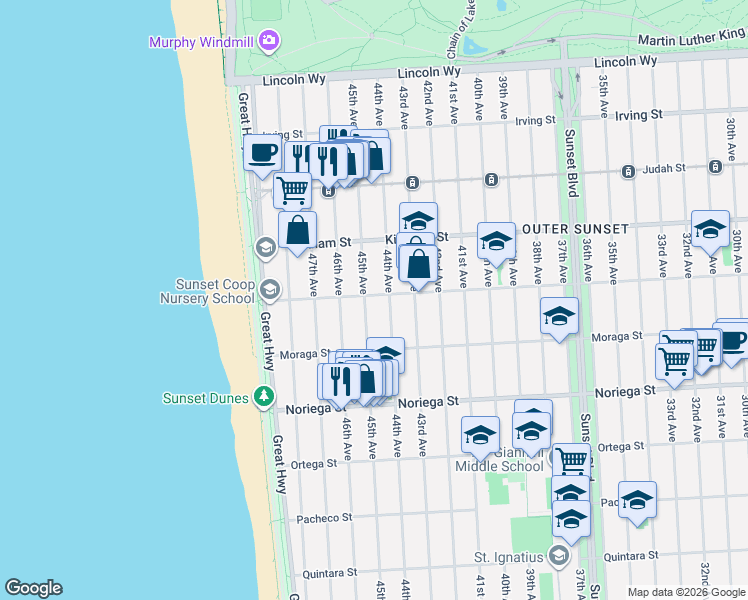 map of restaurants, bars, coffee shops, grocery stores, and more near 1610 44th Avenue in San Francisco