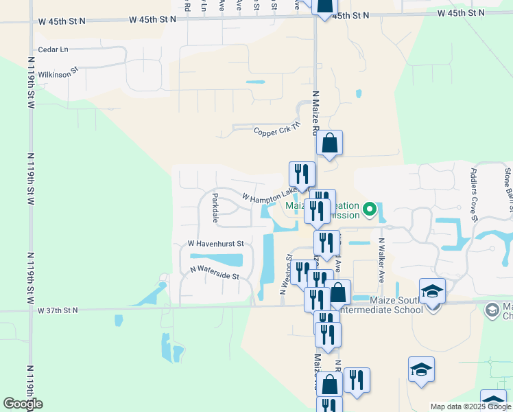 map of restaurants, bars, coffee shops, grocery stores, and more near 4032 North Manchester Street in Maize