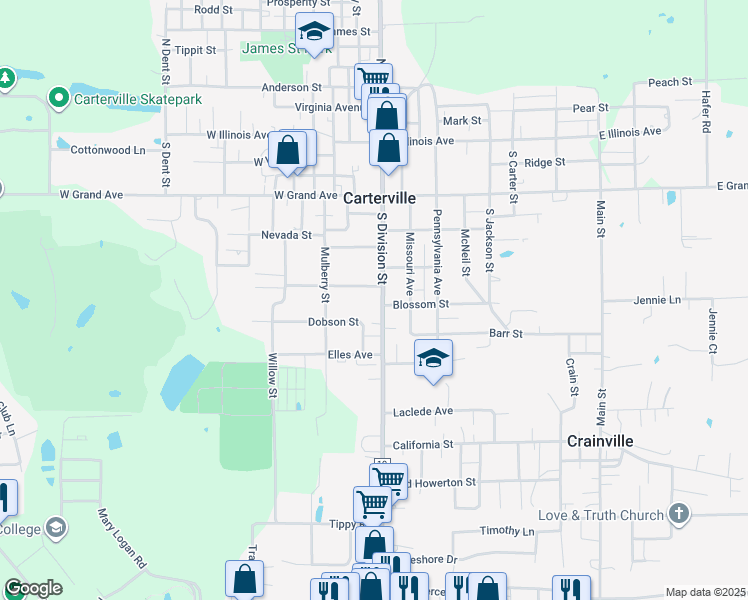 map of restaurants, bars, coffee shops, grocery stores, and more near 609 South Division Street in Carterville