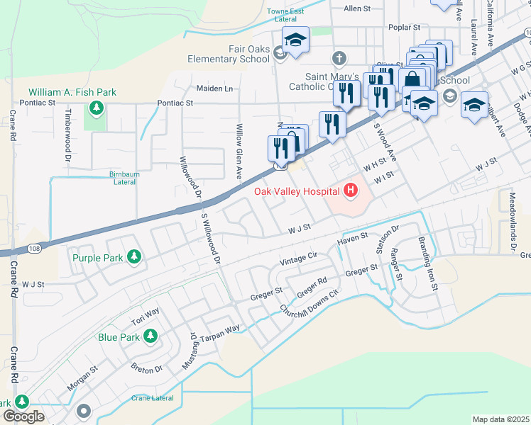 map of restaurants, bars, coffee shops, grocery stores, and more near 266 Odessa Way in Oakdale