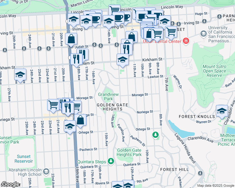map of restaurants, bars, coffee shops, grocery stores, and more near 720 Moraga Street in San Francisco