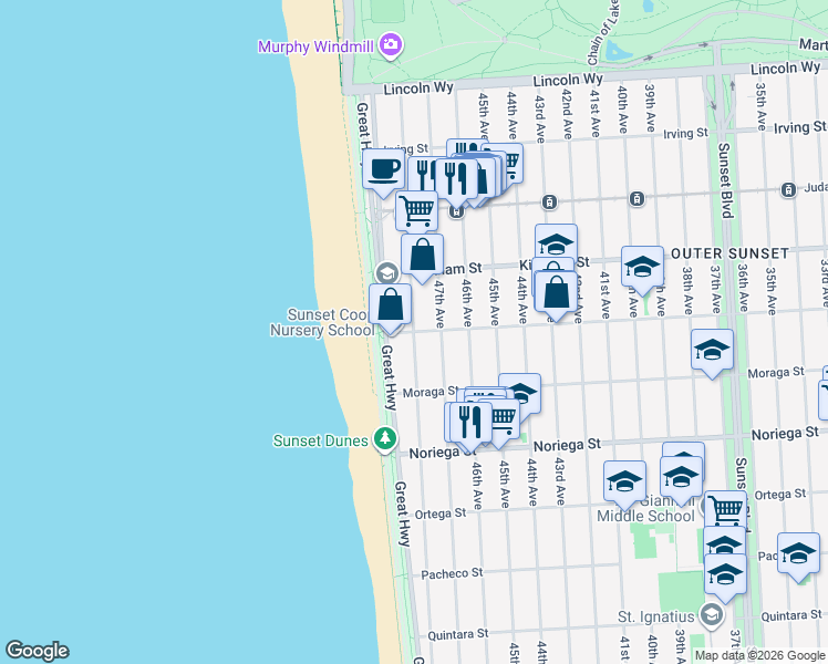 map of restaurants, bars, coffee shops, grocery stores, and more near 48th Avenue in San Francisco
